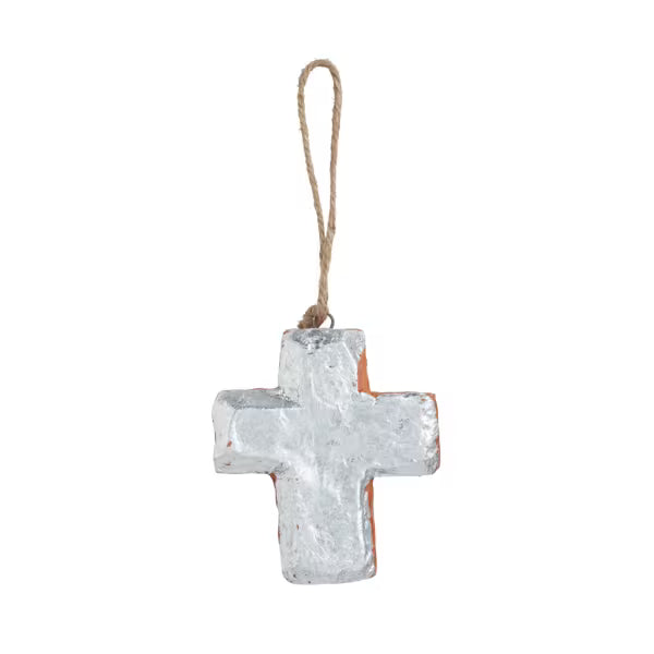 Silver Cross Painted Terracotta Ornament
