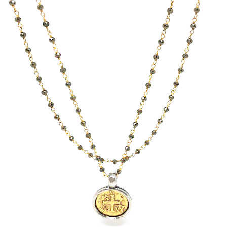 Coin in Gold on Pyrite Long Necklace