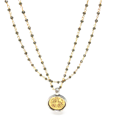 Coin in Gold on Pyrite Long Necklace