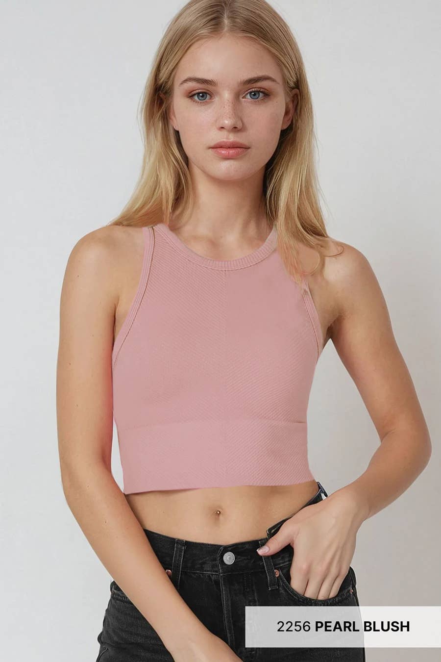 Chevron Highneck Crop Top: Serene Blue