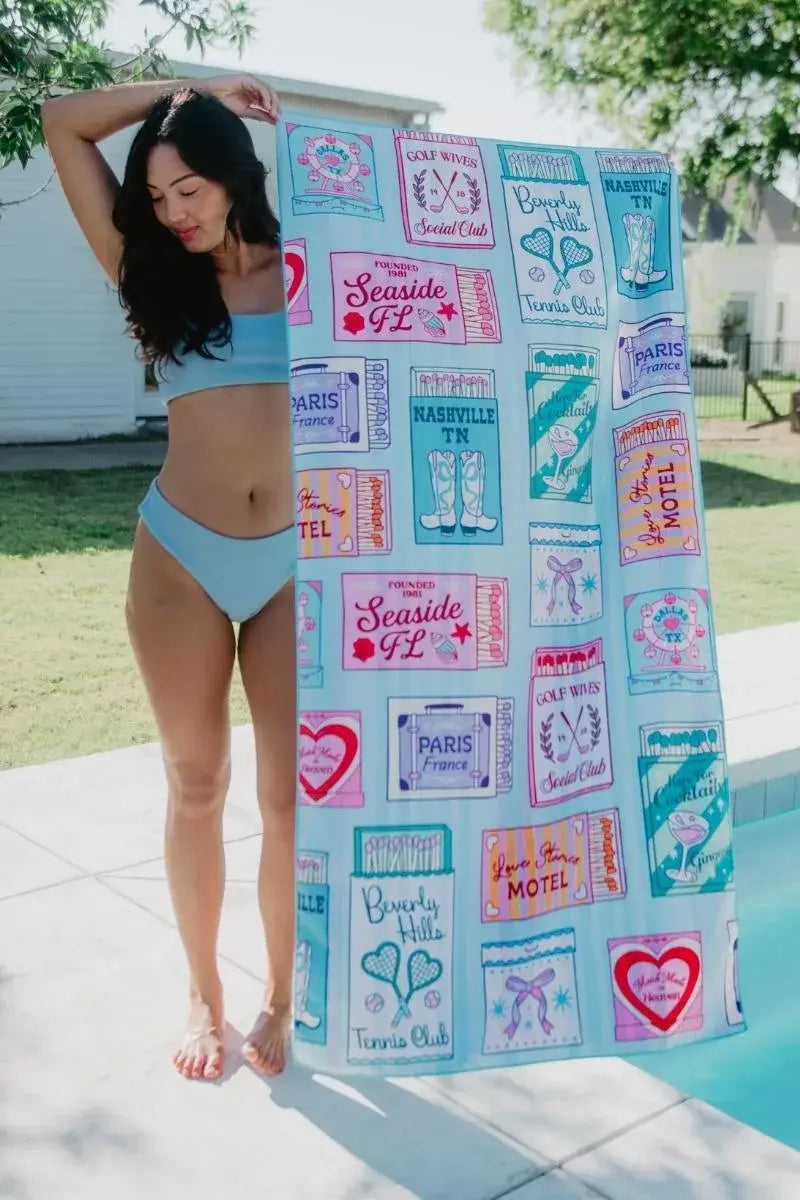 Traveling Matchbook Reversible Beach Towel: Light Blue