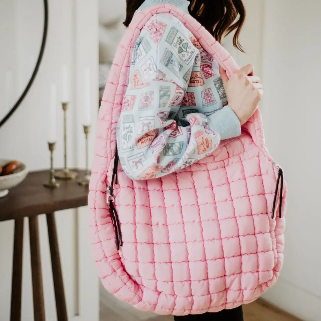 Oversized Quilted Hobo Tote - Light Pink