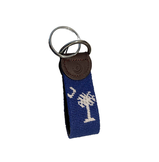 Crescent Moon and Palmetto Hand-stitched Needlepoint Key Fob: Indigo