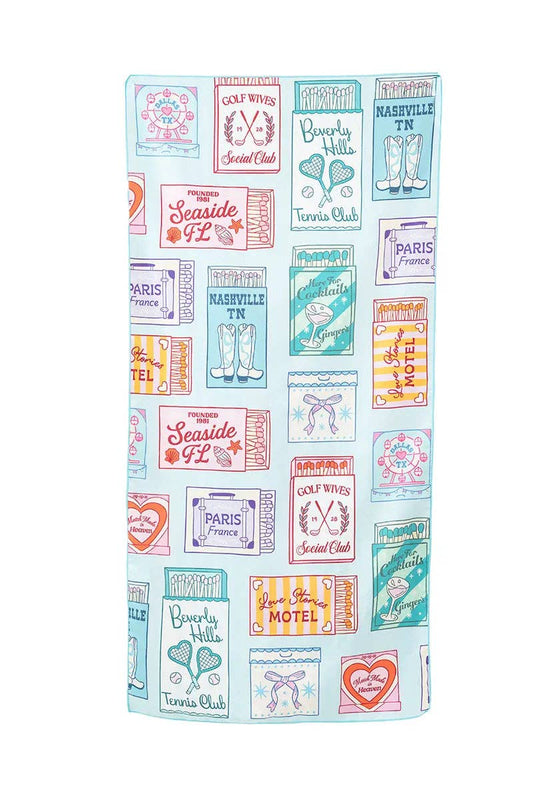 Traveling Matchbook Reversible Beach Towel: Light Blue