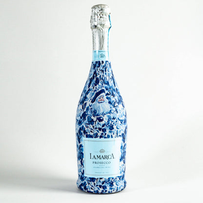 Prosecco Bottle Wrap - Blue & White Santa