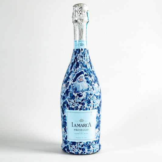 Prosecco Bottle Wrap - Blue & White Santa