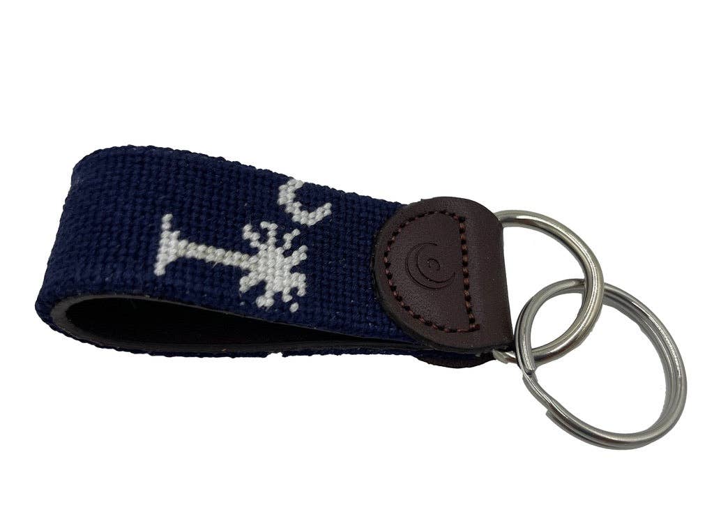 Crescent Moon and Palmetto Hand-stitched Needlepoint Key Fob: Indigo
