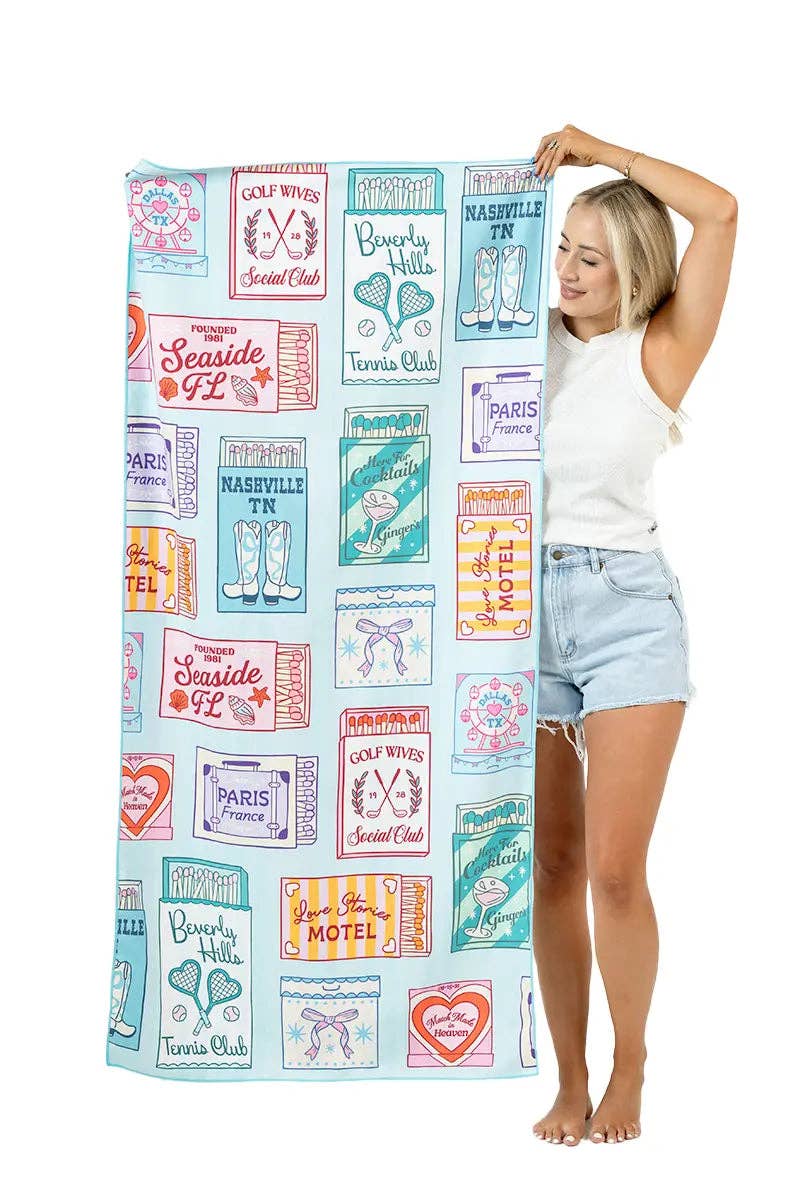 Traveling Matchbook Reversible Beach Towel: Light Blue