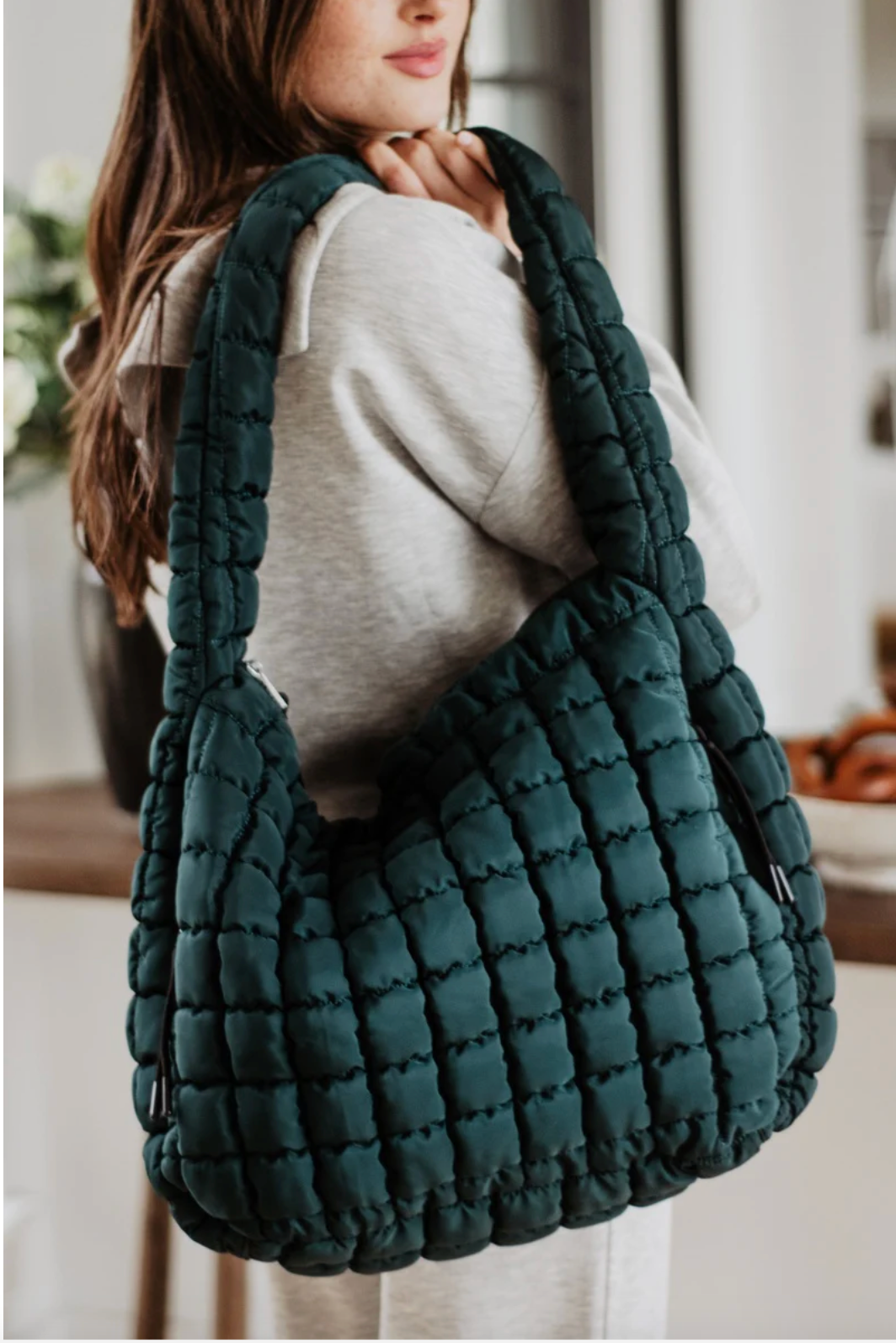 Oversized Quilted Hobo Tote - Forest Green