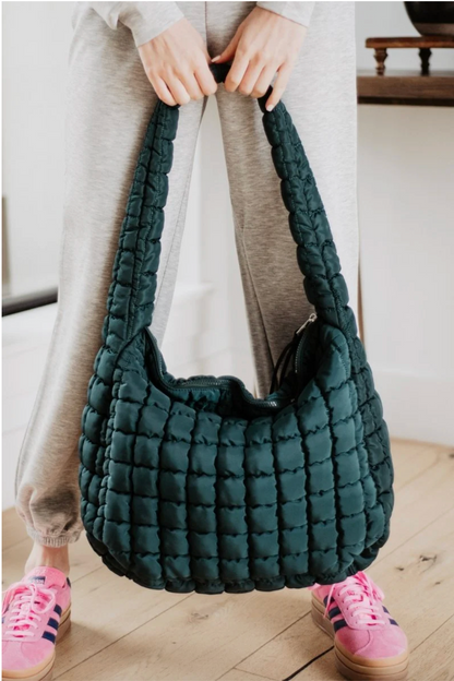 Oversized Quilted Hobo Tote - Forest Green