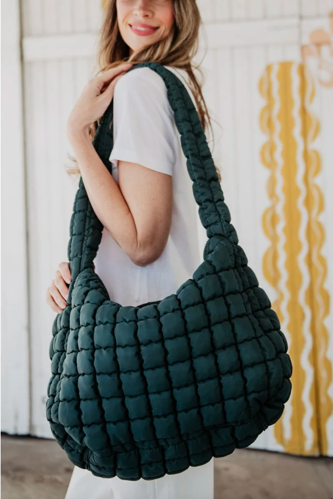 Oversized Quilted Hobo Tote - Forest Green