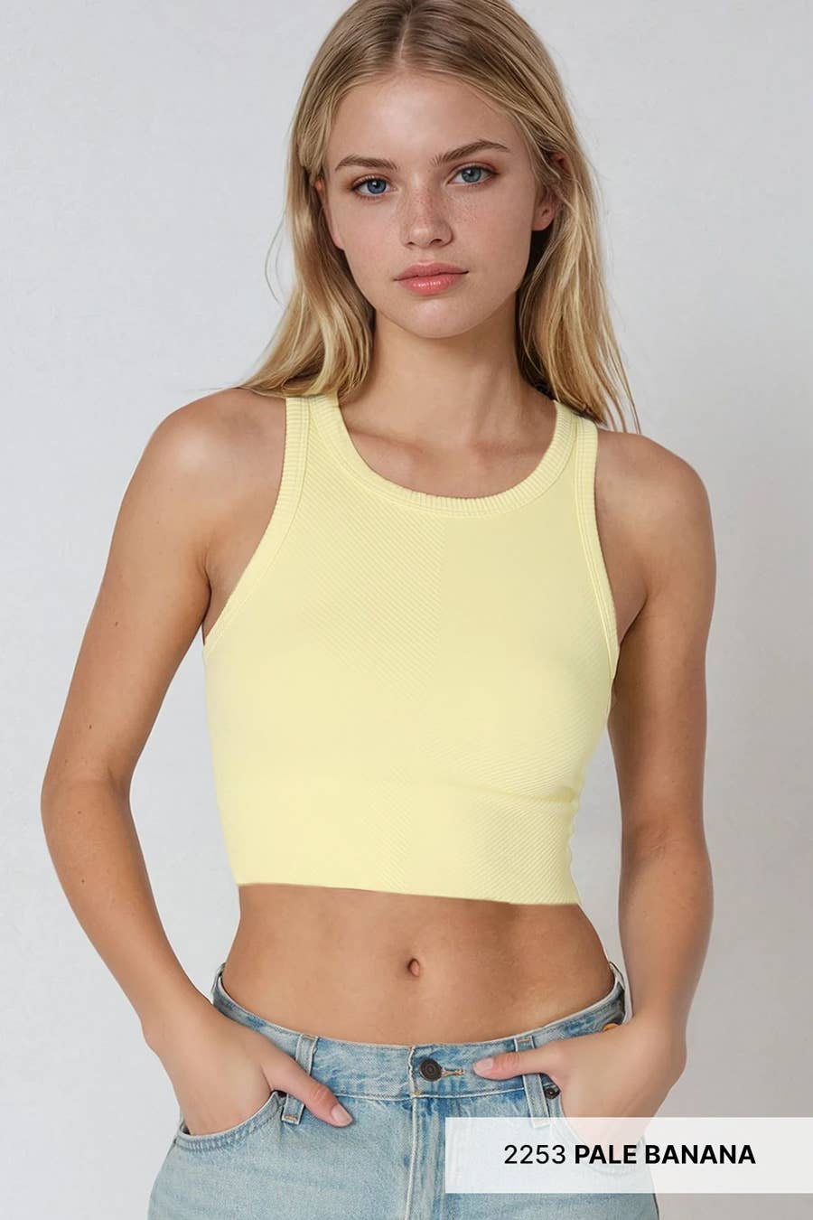 Chevron Highneck Crop Top: Pale Banana
