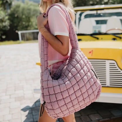 Oversized Quilted Hobo Tote - Mauve