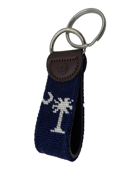 Crescent Moon and Palmetto Hand-stitched Needlepoint Key Fob: Indigo