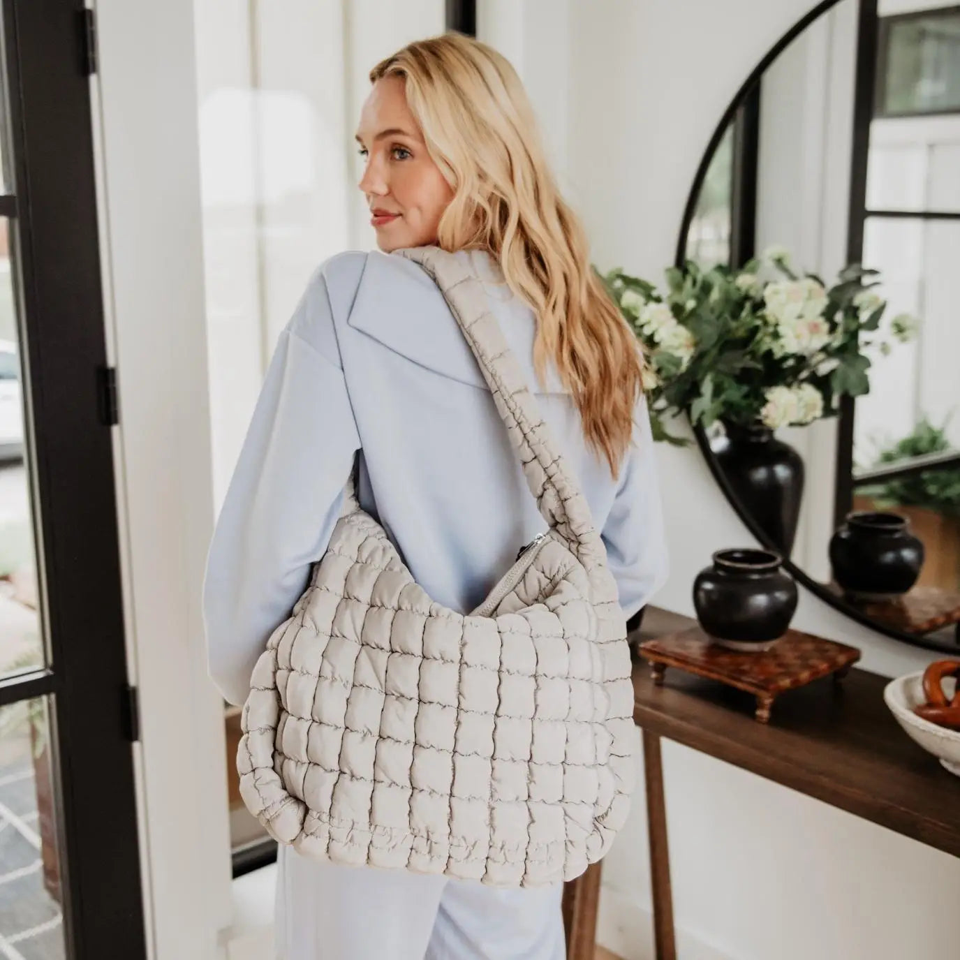 Oversized Quilted Hobo Tote - Sand