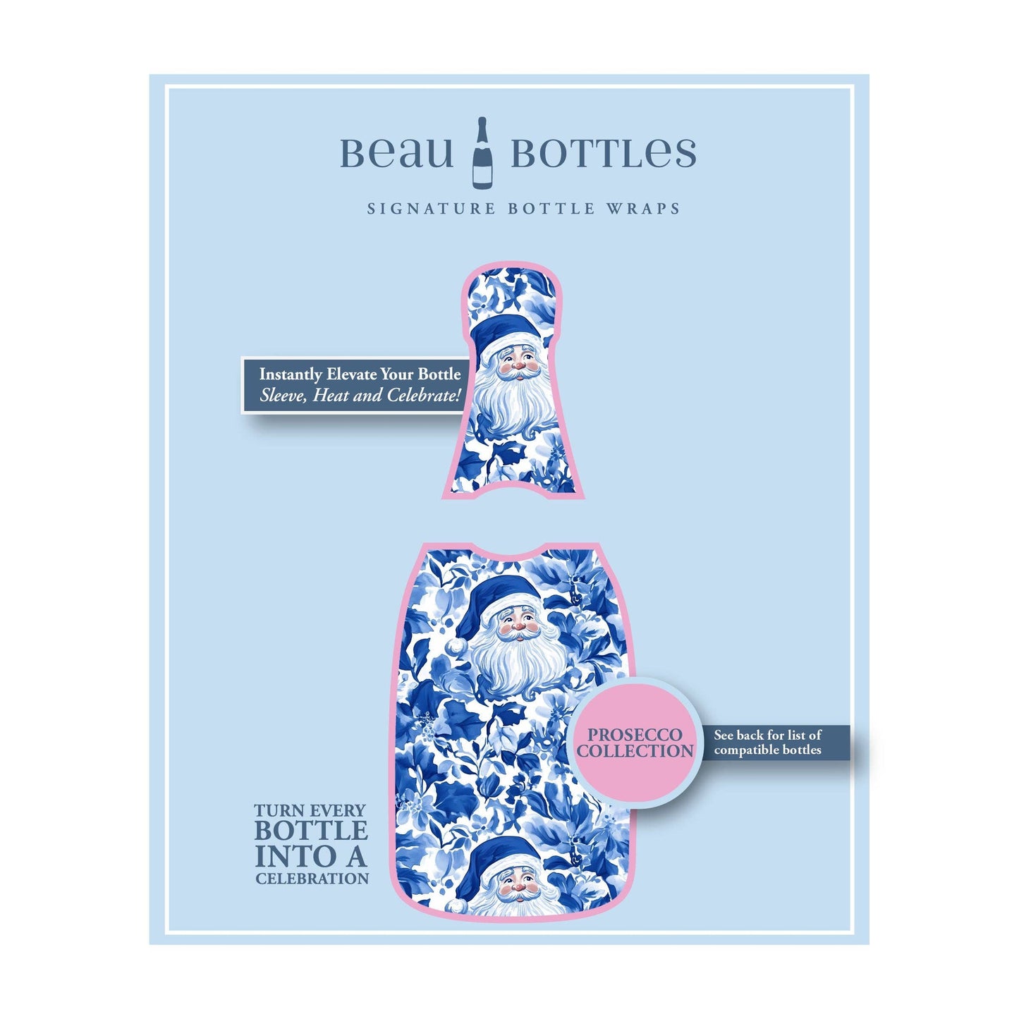 Prosecco Bottle Wrap - Blue & White Santa