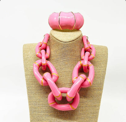 "The Michelle" - Bamboo Link Necklace - Pink
