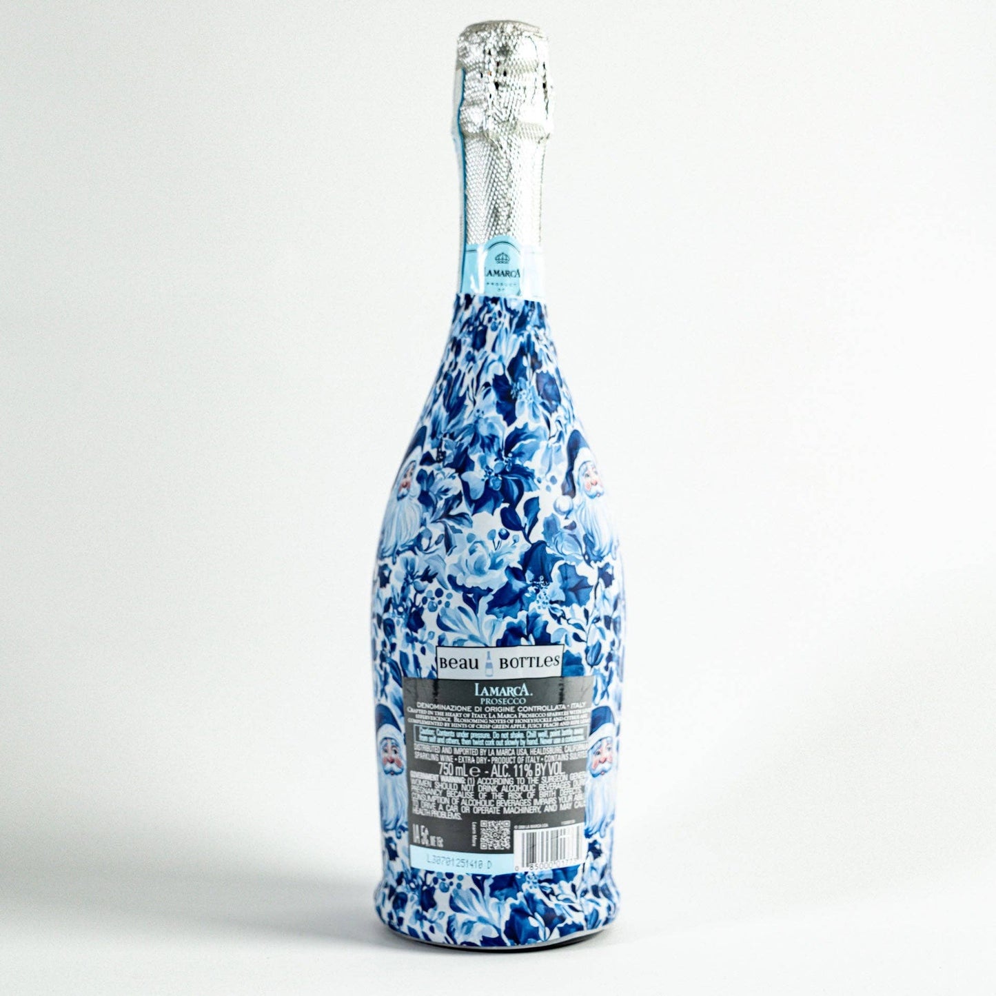 Prosecco Bottle Wrap - Blue & White Santa