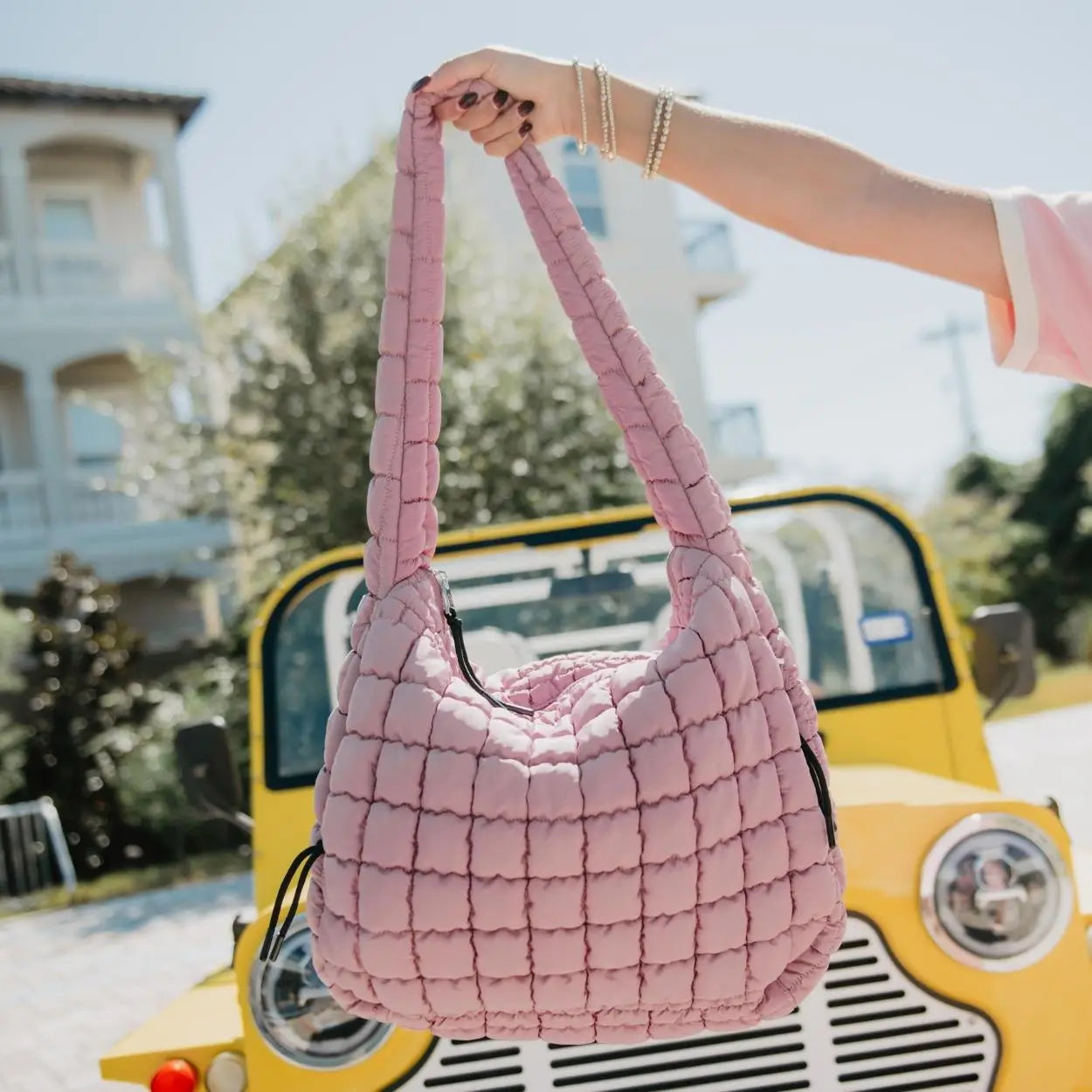 Oversized Quilted Hobo Tote - Mauve
