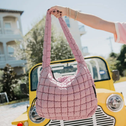 Oversized Quilted Hobo Tote - Mauve