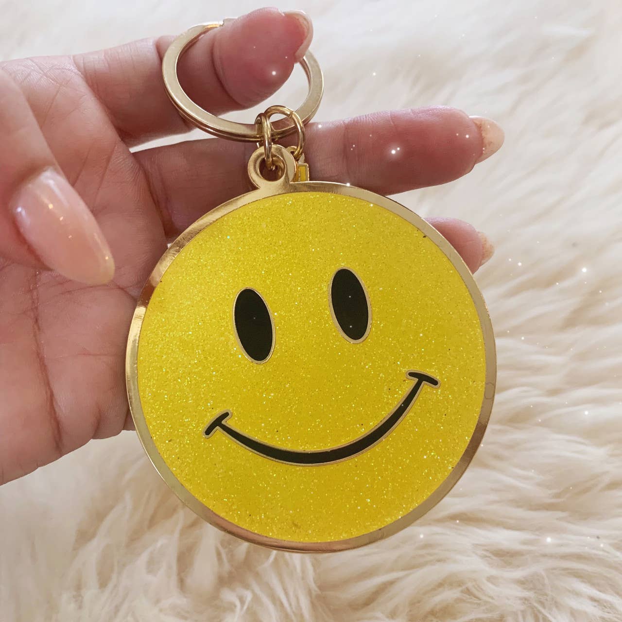 Smiley Face Enamel Keychain, Yellow Glitter