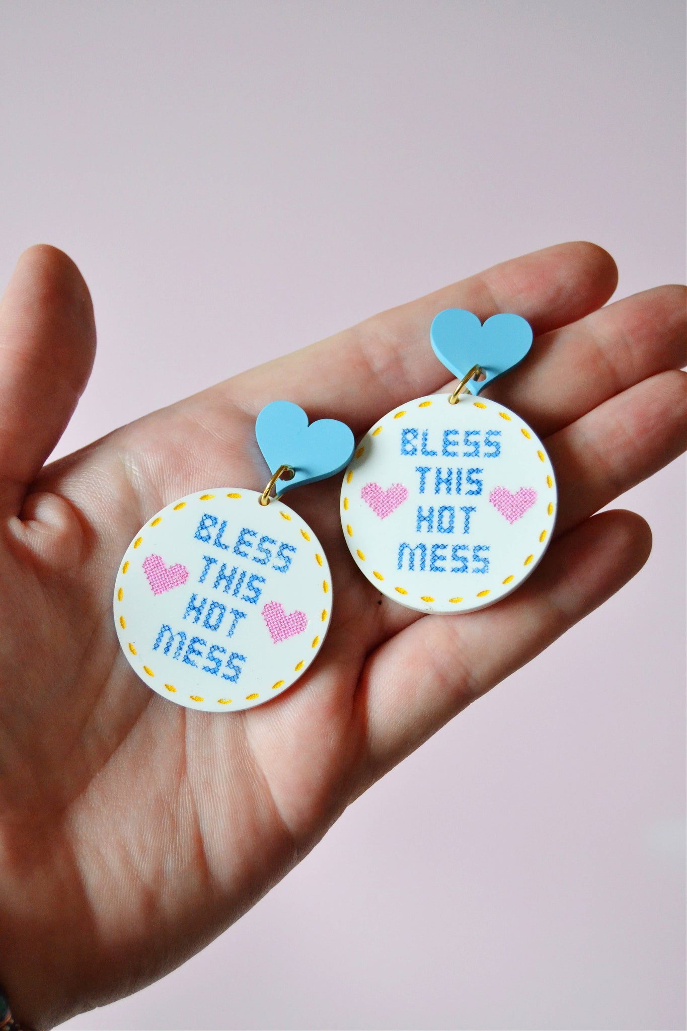 Bless This Hot Mess Acrylic Cross Stitch Earrings
