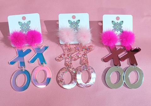 XO XO on Mink Poms Valentine Earrings