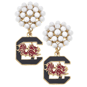 South Carolina Gamecocks Pearl Cluster Enamel Drop Earrings