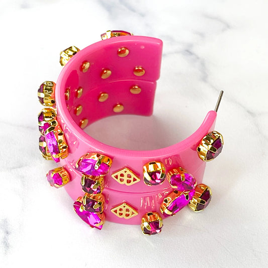 Pink Resin Hoops with Pink Crystals