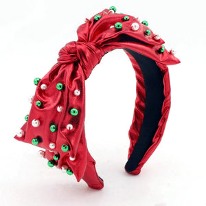 Red Christmas Bow Headband With Beads